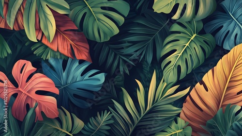 A Close-Up View of Vibrant Tropical Leaves in Various Shades of Green, Red, and Yellow