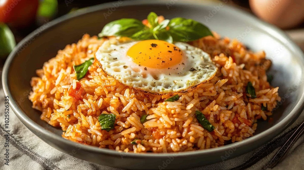 Delicious Fried Rice with Egg and Fresh Basil Garnish Delicious Fried Rice with Egg and Fresh Basil Garnish
