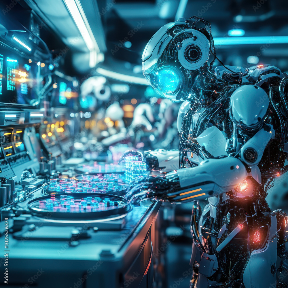 Futuristic lab scene featuring AI powered robots engaged in advanced tasks, showcasing intricate technology and vibrant lighting. atmosphere is dynamic and innovative Futuristic lab scene featuring AI powered robots engaged in advanced tasks, showcasing intricate technology and vibrant lighting. atmosphere is dynamic and innovative