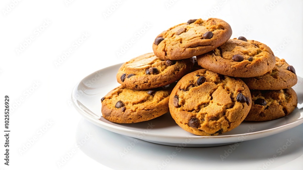 Delicious cookies on white plate reflected on white background