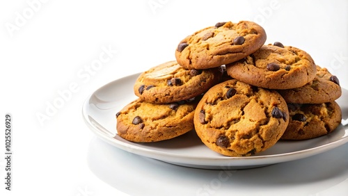 Delicious cookies on white plate reflected on white background