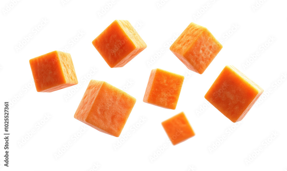Carrot cube falling on white background Carrot cube falling on white background