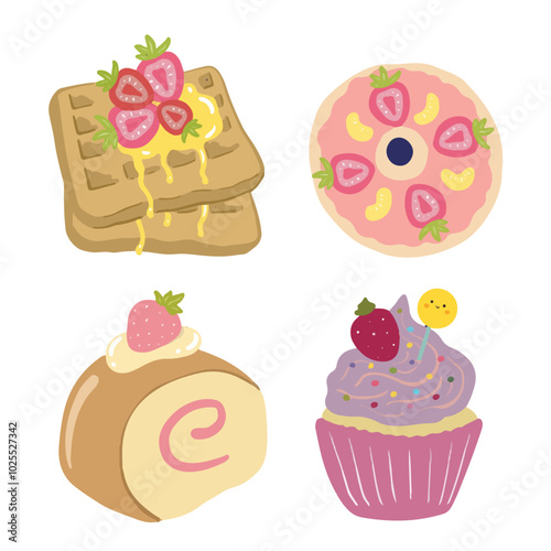 Cake vector strawberry confectionery cupcake and sweet dessert illustration confected donut with chococream and sweets in bakery set isolated on white background, waffle, donuts, cheesecake, rolled ca
