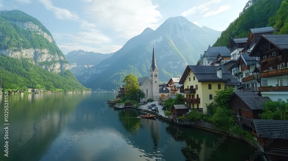 Scenic village nestled in mountains by lake Scenic village nestled in mountains by lake