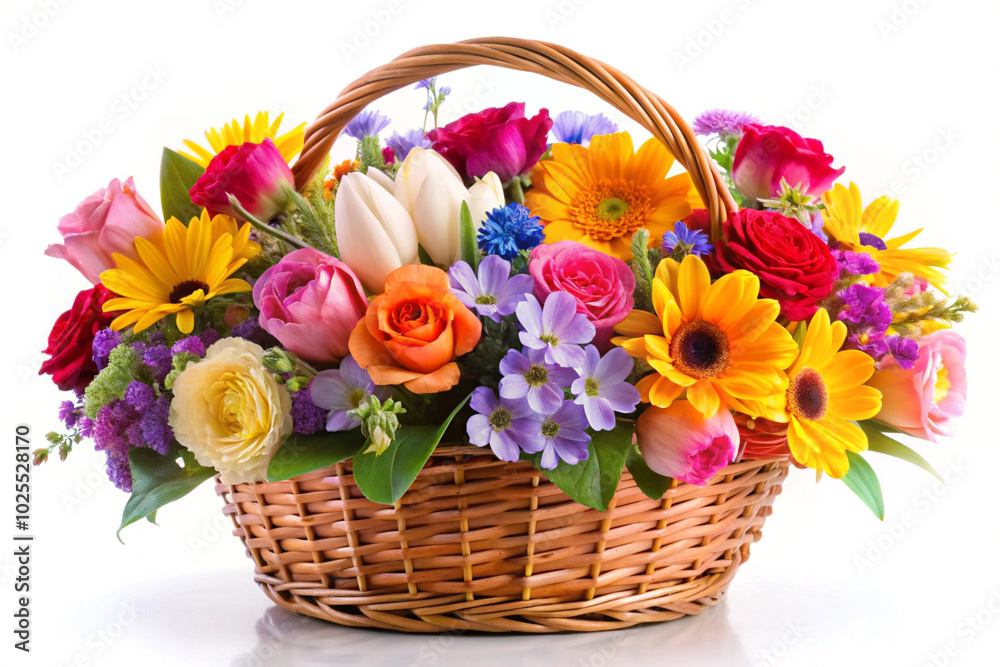 Fototapeta premium Bouquet colorful spring flowers in wicker basket,isolated on White background