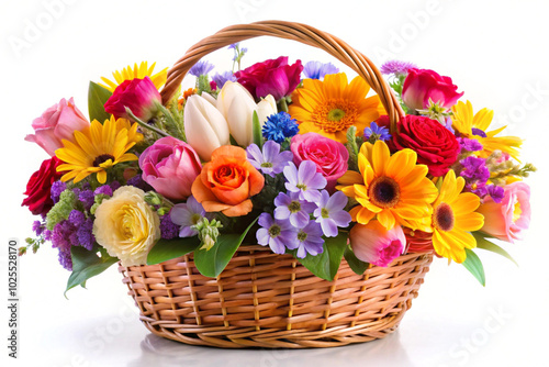 Bouquet colorful spring flowers in wicker basket,isolated on White background