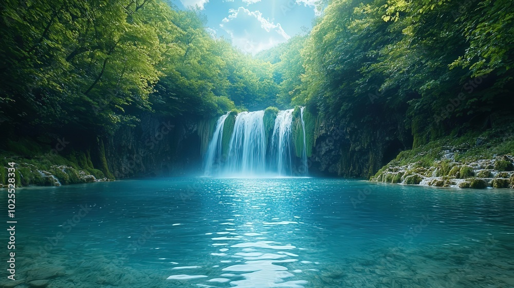 Tranquil Waterfall in Lush Forest Tranquil Waterfall in Lush Forest