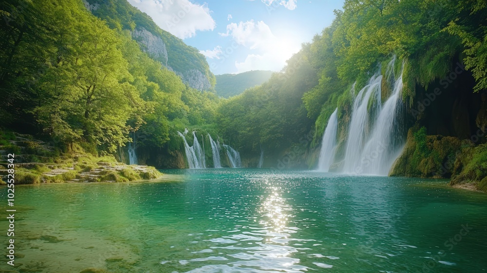 Waterfall cascading into a serene lake