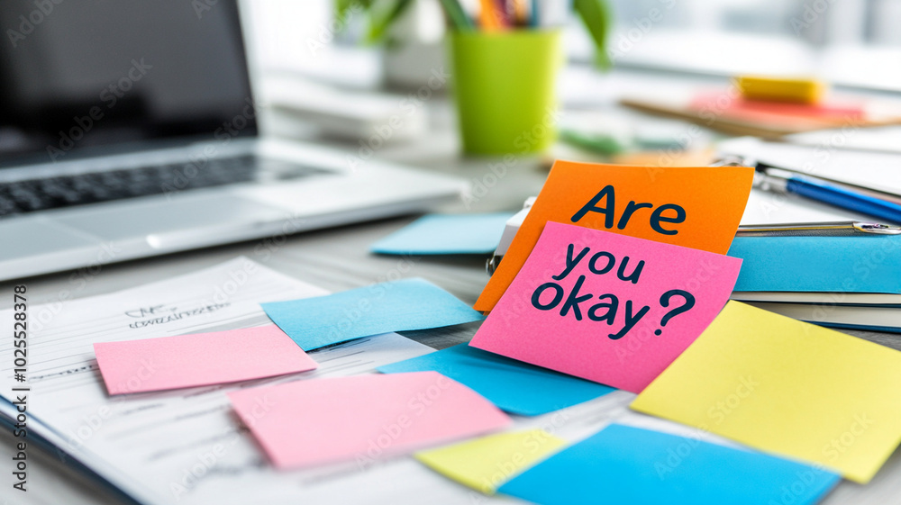Close up of sticky notes with text Are you okay? on desk, surrounded by colorful notes and laptop, creating vibrant and engaging workspace atmosphere Close up of sticky notes with text Are you okay? on desk, surrounded by colorful notes and laptop, creating vibrant and engaging workspace atmosphere