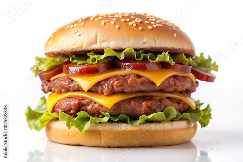 Delicious double bacon and cheeseburger on white background, shot in forced perspective photo