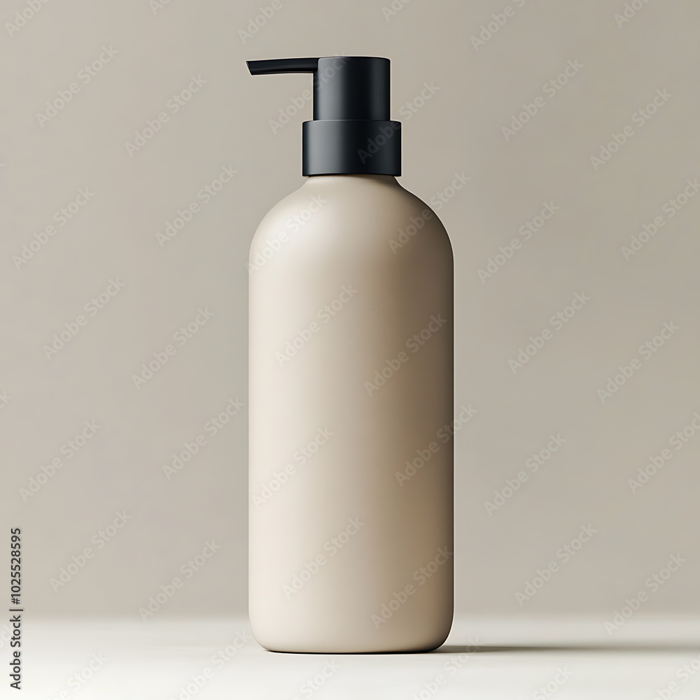 A beige pump bottle with a black top, isolated on a beige background. A beige pump bottle with a black top, isolated on a beige background.