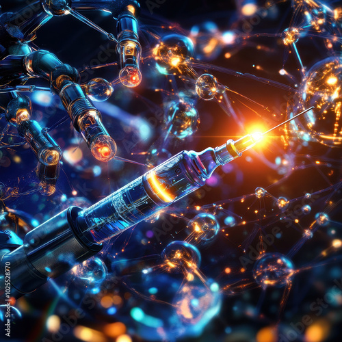 futuristic robotic arm holding syringe injects glowing substance into network of vibrant, interconnected molecules. scene conveys sense of advanced technology and innovation