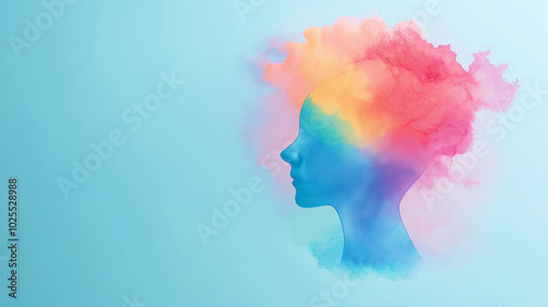 Wallpaper Mural The artwork illustrates a head silhouette filled with colorful swirling clouds, symbolizing psychological health awareness and emotional well-being, copy space Torontodigital.ca