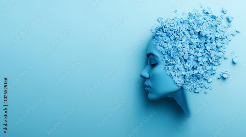 This artwork illustrates the concept of psychological health awareness through a blue silhouette, emphasizing the importance of mental well-being, copy space This artwork illustrates the concept of psychological health awareness through a blue silhouette, emphasizing the importance of mental well-being, copy space