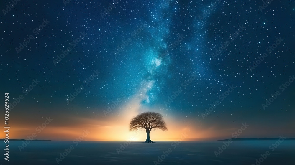 Obraz premium Lonely tree under starry night sky