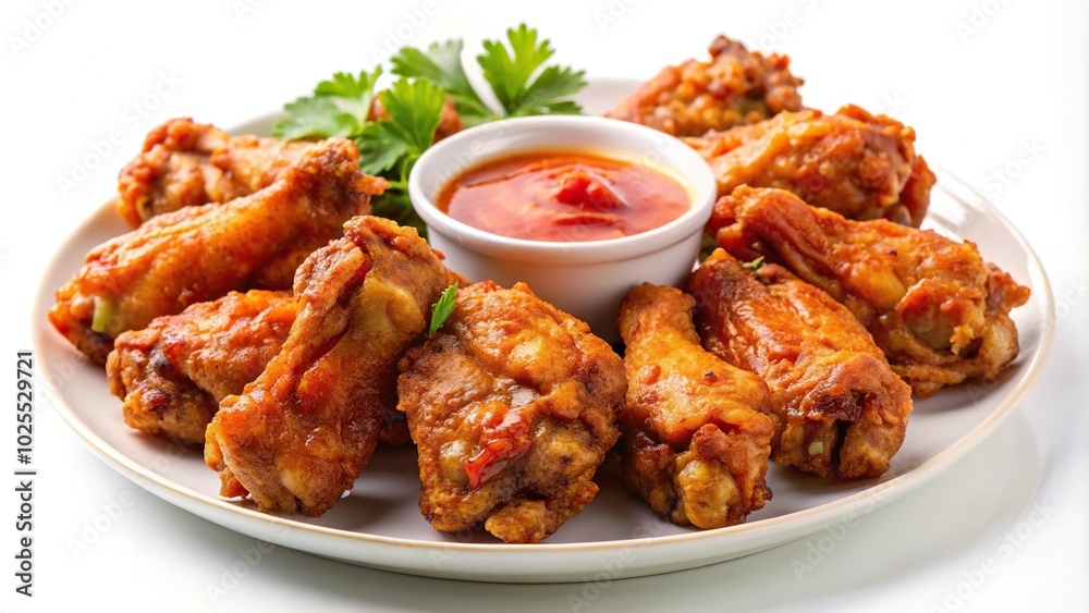 Delicious fried chicken wings with sauce on white background closeup Delicious fried chicken wings with sauce on white background closeup