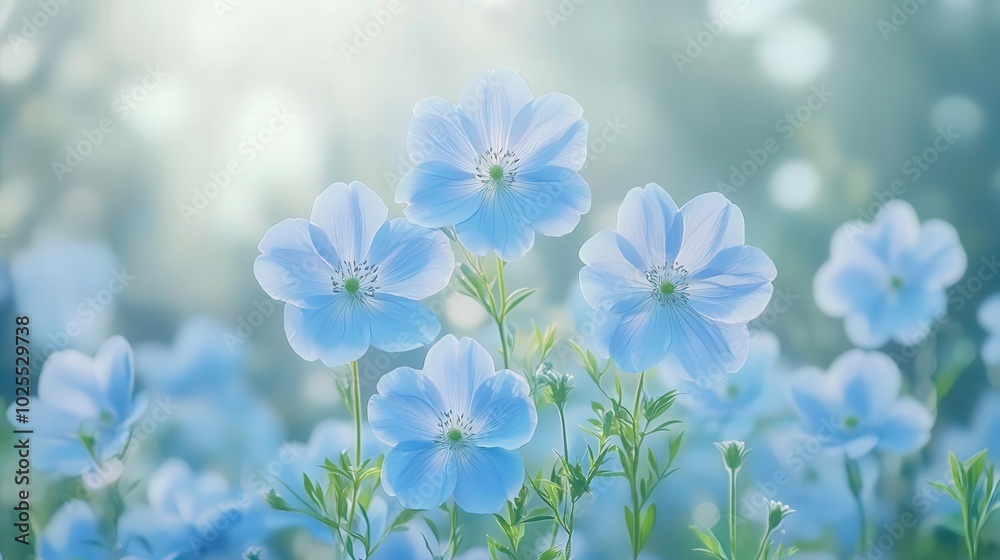 Delicate blue flowers in soft sunlight