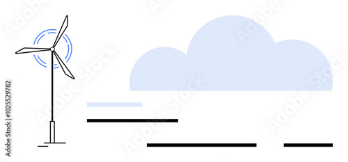 Wind turbine with rotating blades beside a large cloud in a minimalist landscape. Ideal for renewable energy, sustainability, environmental awareness, clean technology, eco-friendly. Simple lines