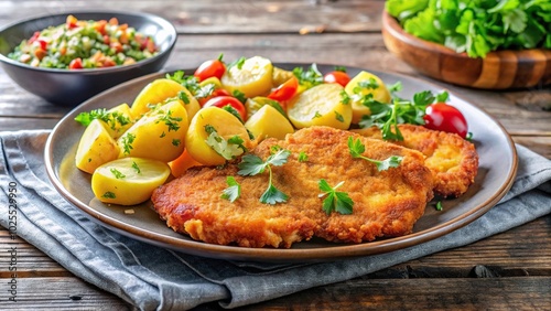 Delicious German potato salad dish with crispy fried veal schnitzel