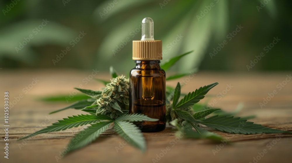 A dropper bottle of CBD oil sits on a wooden table surrounded by marijuana leaves. A dropper bottle of CBD oil sits on a wooden table surrounded by marijuana leaves.