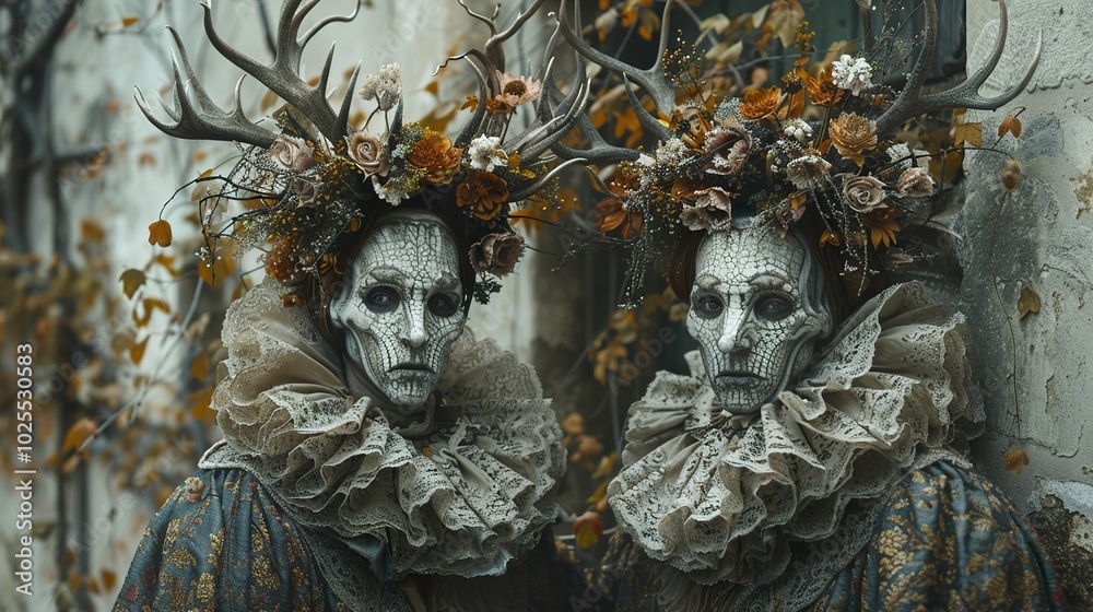 Obraz premium Two Figures in Elaborate Costumes with Antlers and Flowers