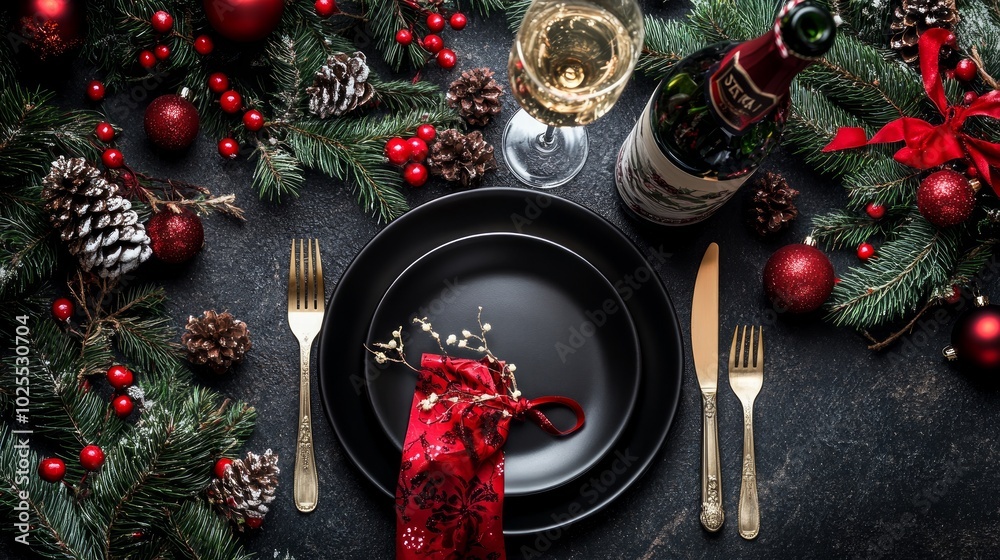A festive Christmas table setting with black plates, gold cutlery, a glass of white wine, a bottle of wine, and Christmas decorations on a black background. A festive Christmas table setting with black plates, gold cutlery, a glass of white wine, a bottle of wine, and Christmas decorations on a black background.