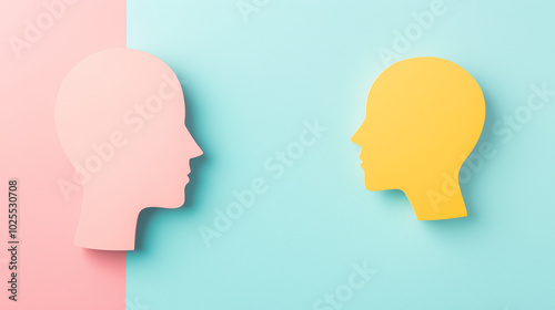 Two abstract head sculptures in pink and yellow are positioned against contrasting pastel backgrounds, representing themes of psychological health and wellness, copy space