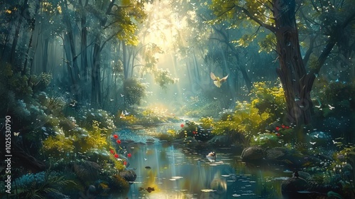 Enchanted Forest Stream with Sunbeams and Butterflies