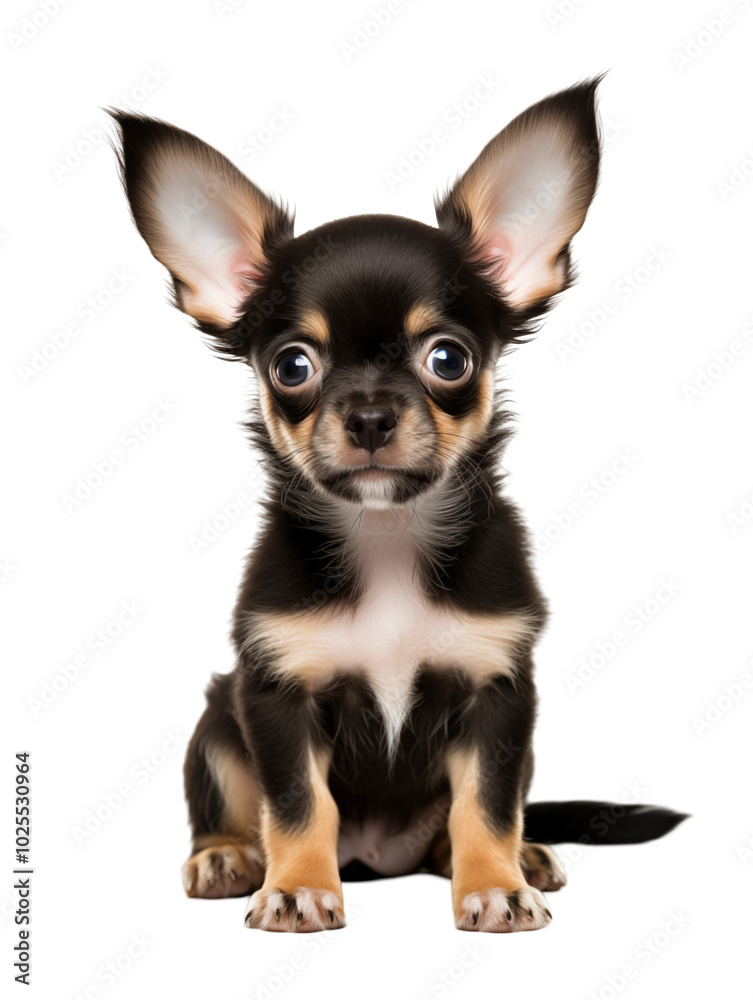 Cute black and tan chihuahua puppy sitting on a transparent background, showcasing its expressive eyes and playful demeanor Cute black and tan chihuahua puppy sitting on a transparent background, showcasing its expressive eyes and playful demeanor
