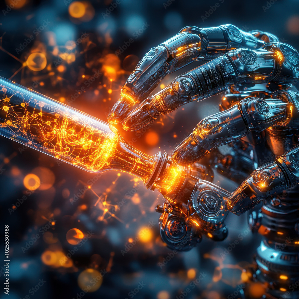 futuristic robotic arm holding syringe, showcasing advanced technology and intricate design. glowing elements and detailed mechanics evoke sense of innovation and precision futuristic robotic arm holding syringe, showcasing advanced technology and intricate design. glowing elements and detailed mechanics evoke sense of innovation and precision