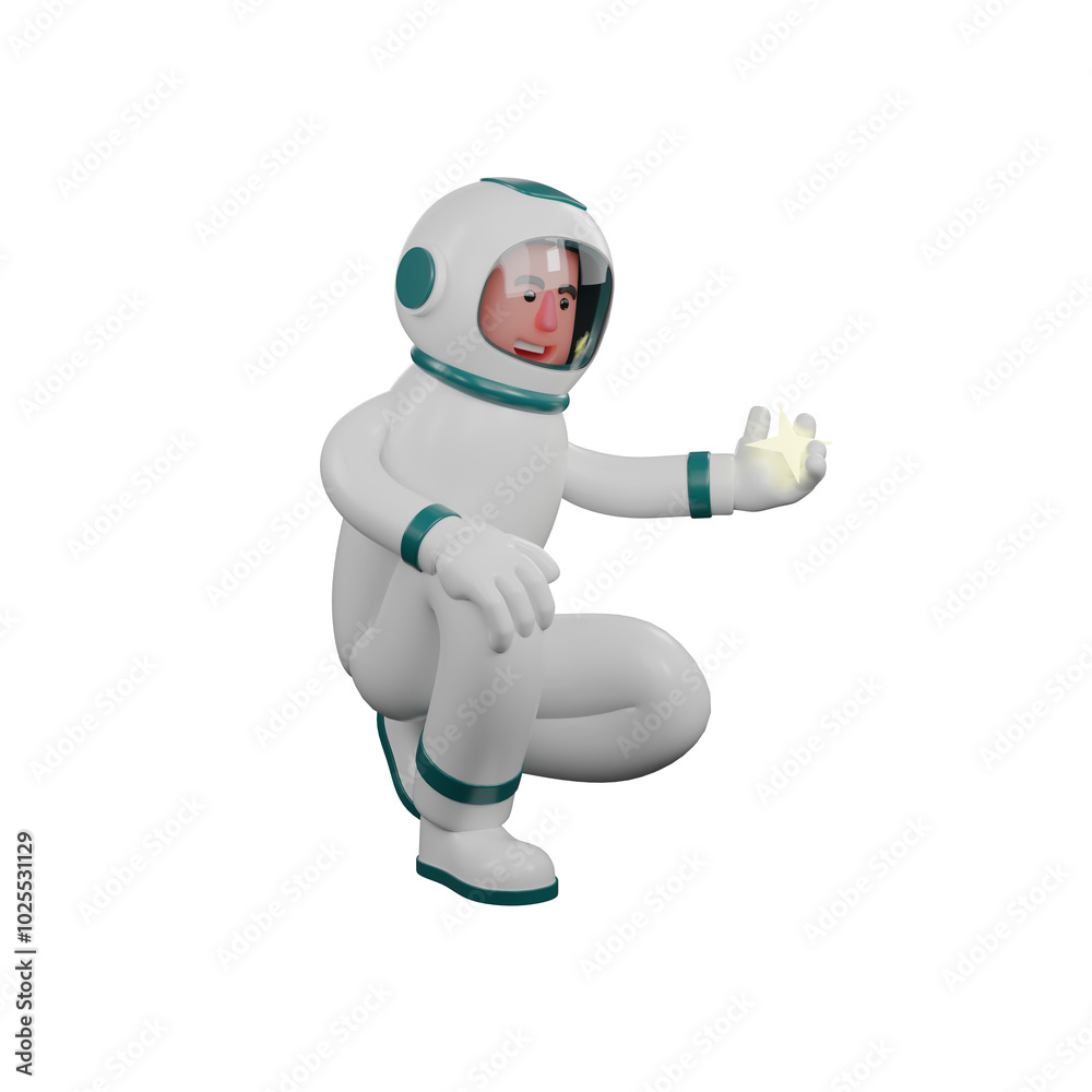 3D Male Astronaut Character in Action. A male astronaut kneels holding a star in his left hand. Professional 3D Male Astronaut Character in Action. A male astronaut kneels holding a star in his left hand. Professional