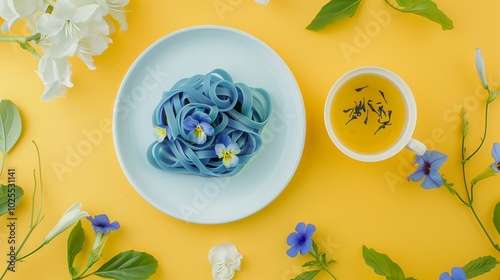 Noodle with blue butterfly pea flower natural coloring on yellow background photo