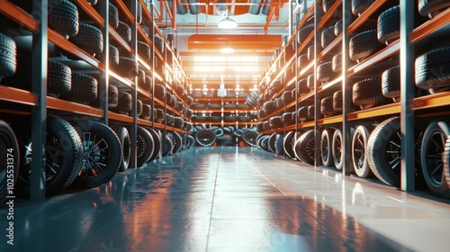 Tire Warehouse with Rows of Black Tires on Orange Shelves photo