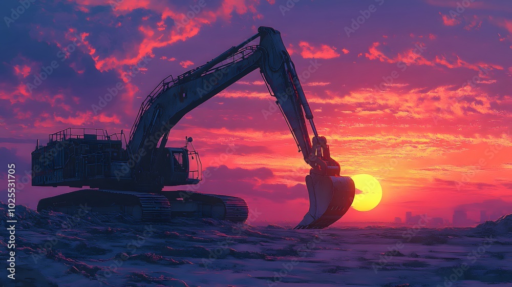 Fototapeta premium Excavator Silhouetted Against a Vibrant Sunset
