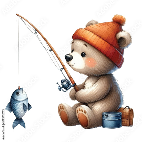 Cute bear sitting fishing clipart watercolor