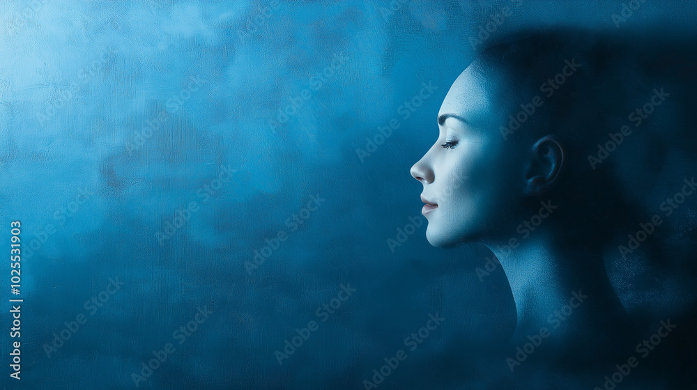 The peaceful profile of a woman is highlighted against a soothing blue backdrop, symbolizing tranquility and the importance of mental health awareness and reflection, copy space The peaceful profile of a woman is highlighted against a soothing blue backdrop, symbolizing tranquility and the importance of mental health awareness and reflection, copy space