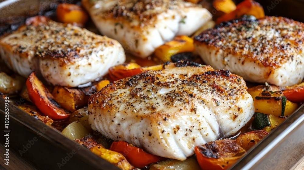 Grilled fish and veggies in a pan. Grilled fish and veggies in a pan.