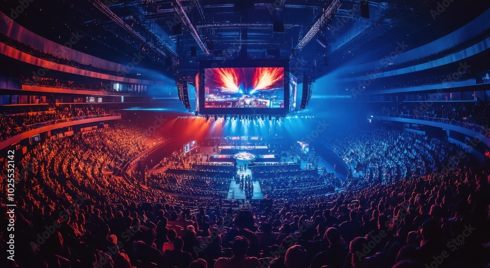 © Mokhtar - Spectacular esports arena filled with a cheering crowd under vibrant lights.