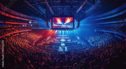 Spectacular esports arena filled with a cheering crowd under vibrant lights. photo