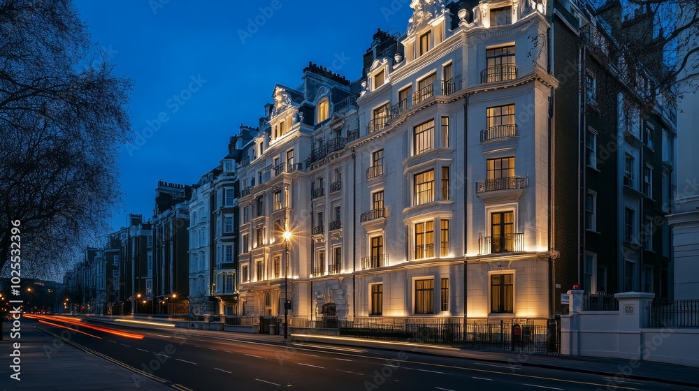 Fototapeta premium A grand, historic building with ornate details, illuminated by streetlights against a dark evening sky.