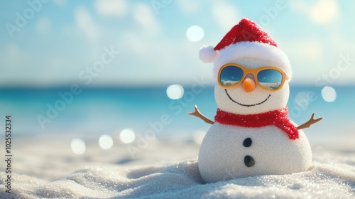 Fototapeta Naklejka Na Ścianę i Meble -  Cute snowman on sandy beach with blue sea