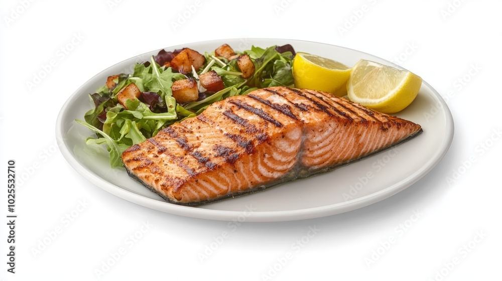A grilled salmon fillet with skin on, served on a white plate with a side of roasted vegetables and lemon wedges. A grilled salmon fillet with skin on, served on a white plate with a side of roasted vegetables and lemon wedges.