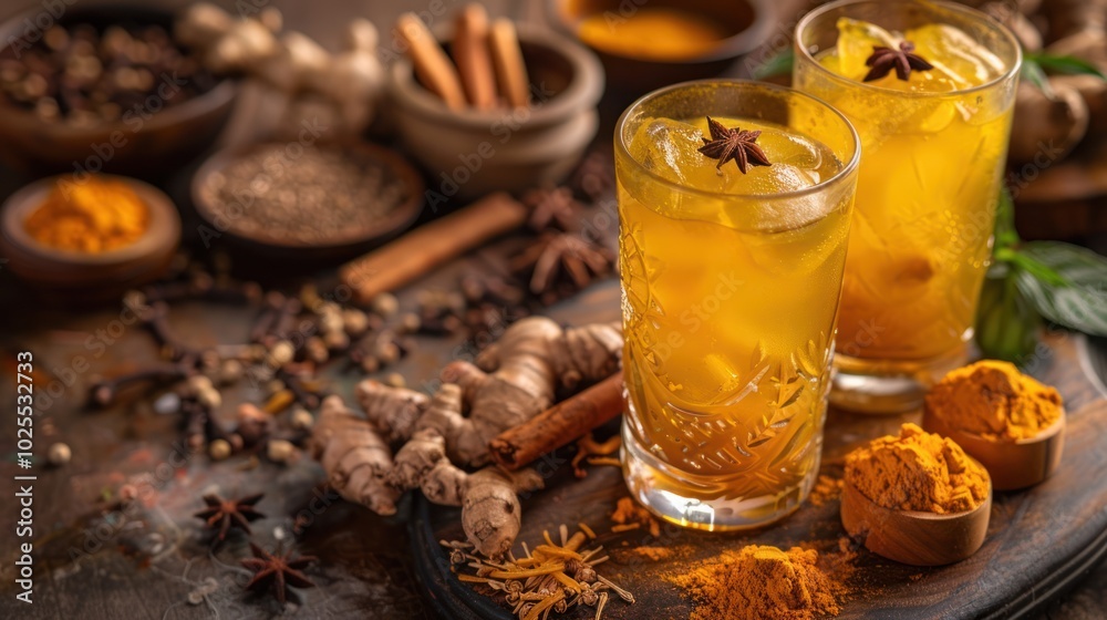Two Glasses of Iced Turmeric Drink with Spices Two Glasses of Iced Turmeric Drink with Spices