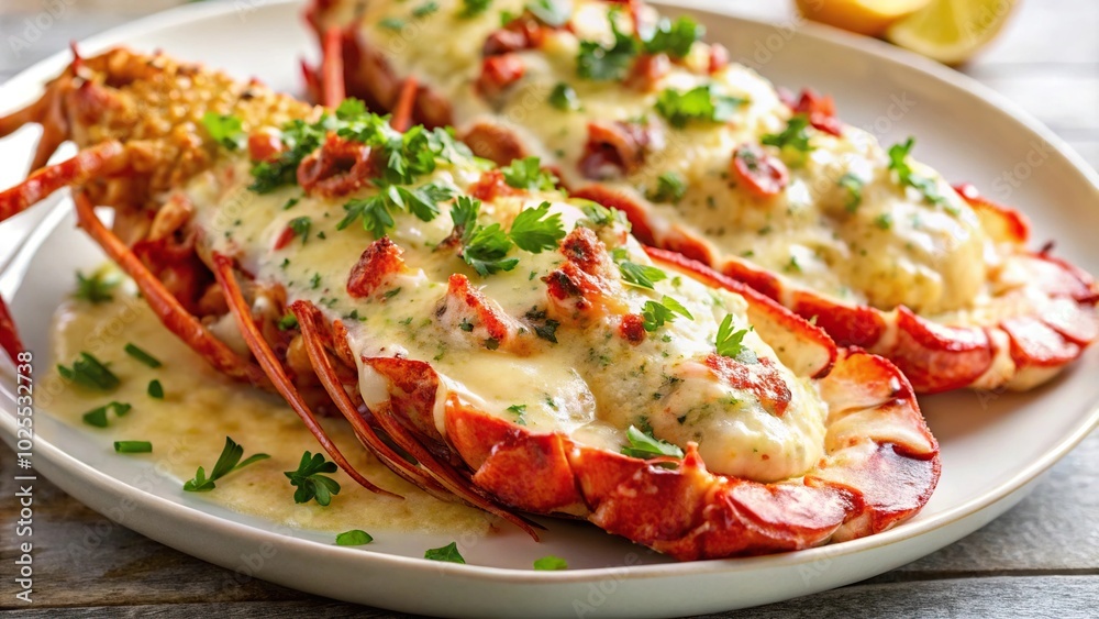 Delicious lobster Thermidor dish with Close-Up Delicious lobster Thermidor dish with Close-Up