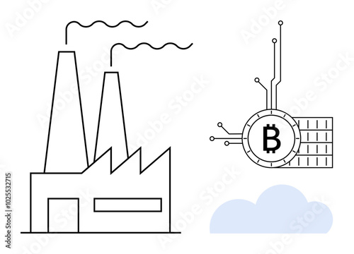 Factory with smoke stacks is juxtaposed with Bitcoin symbol and digital circuit lines. Ideal for cryptocurrency mining technology fintech industry industrial revolution environmental impact digital