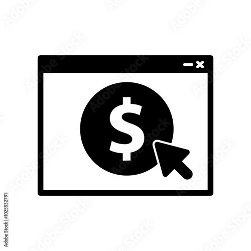 Computer browser clicking dollar coin. Pay per click. Finance, business, profit, earning concepts. Flat vector design isolated illustration.
