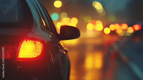 A closeup image of a cars hazard lights blinking as its safely parked on the shoulder of a highway The road ahead is clear photo