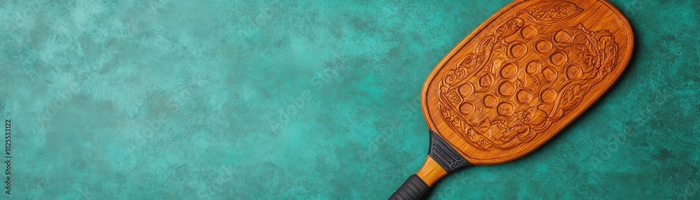 A beautifully crafted wooden paddle with intricate designs, resting on a textured green surface, perfect for decoration or use. A beautifully crafted wooden paddle with intricate designs, resting on a textured green surface, perfect for decoration or use.