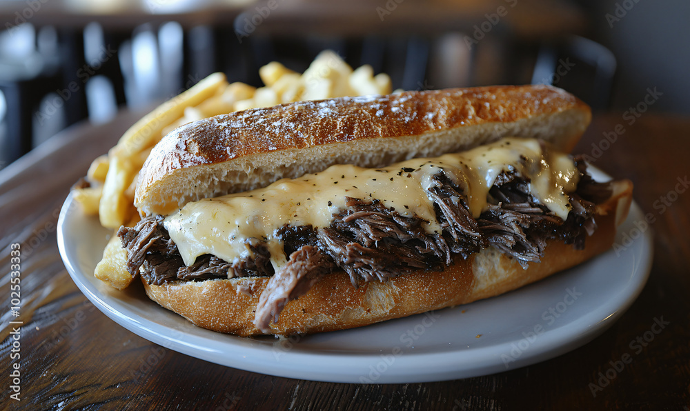 A juicy roast beef sandwich with rare beef melted Swiss cheese, and horseradish sauce on a crispy baguette for a deli ad