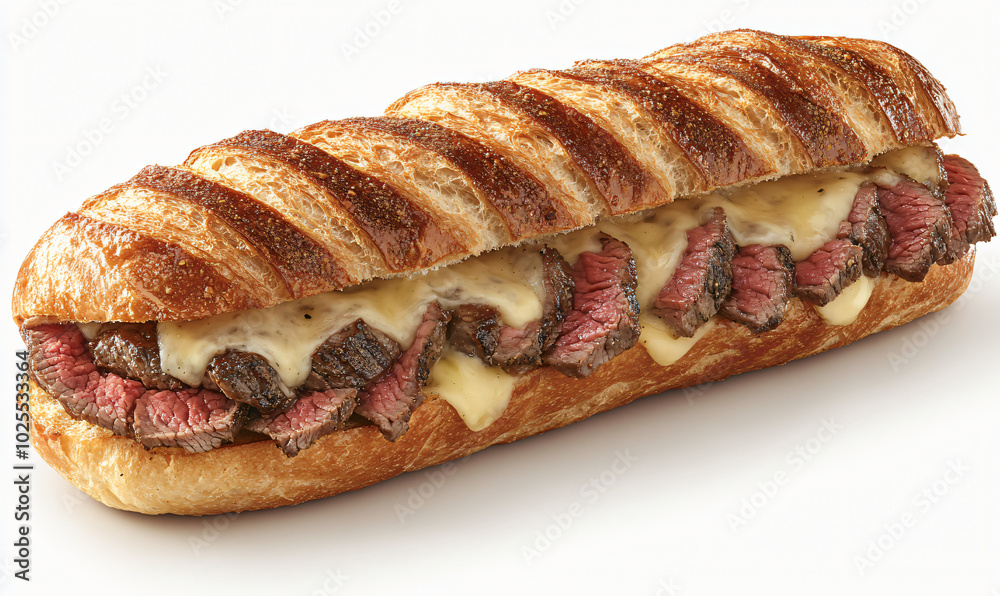 A juicy roast beef sandwich with rare beef melted Swiss cheese, and horseradish sauce on a crispy baguette for a deli ad A juicy roast beef sandwich with rare beef melted Swiss cheese, and horseradish sauce on a crispy baguette for a deli ad